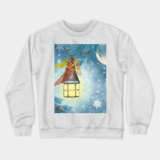 Antique streetlight and snowflakes watercolor illustration. Magic winter moon night. Autumn leaves, snow pine tree branch Crewneck Sweatshirt